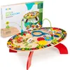 A wooden educational activity table for children, shown with its packaging in the background. Podgląd zdjęcia produktu