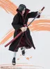 A figurine of Itachi Uchiha from Naruto holding a sword, posed dynamically against an abstract orange background. Produktbild-Vorschau