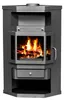 A gray corner fireplace with a fire burning inside. Náhled obrázku produktu