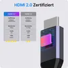 A comparison of HDMI 2.0 and HDMI 1.4 specifications, with a close-up of an HDMI connector highlighting the 'HDMI 2.0 Chipset'. Produktbild-Vorschau