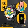 Collage showing a smartwatch with a colorful, comic-style watch face, alongside images of smartphones displaying Android and Apple logos, and icons representing Android and Apple operating systems. Podgląd zdjęcia produktu