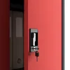 A close-up of a red metal cabinet door with a black handle and a key inserted into the lock. Produktbild-Vorschau