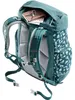 A close-up view of the back of a teal backpack with a patterned design on the side. Produktbild-Vorschau