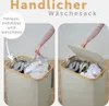 Two images showing a person putting laundry into a beige laundry basket with a lid. Podgląd zdjęcia produktu