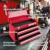 A red tool chest with drawers open, displayed on a workbench with tools in the background. Náhled obrázku produktu