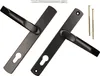 A pair of black door handles with long backplates and two screws on a white background. Podgląd zdjęcia produktu
