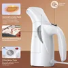 A product image with callouts highlighting features of a handheld garment steamer. Podgląd zdjęcia produktu