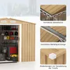 A storage shed with its door open, showing shelves and tools inside, alongside close-up images highlighting structural features. Podgląd zdjęcia produktu