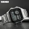 A close-up shot of a SKMEI digital watch with a metal band, displayed on a dark surface. Produktbild-Vorschau