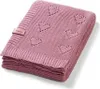 A folded pink knitted baby blanket with a heart pattern and a small tag on the corner. Produktbild-Vorschau