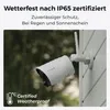 A white security camera mounted on a wall, with water droplets on it, suggesting it is weatherproof. Produktbild-Vorschau