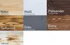 A collage of different wood finishes and colors with text labels. Produktbild-Vorschau