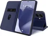 A blue flip cover case for a Samsung Galaxy S24 FE is shown open, displaying the phone's screen. Produktbild-Vorschau