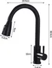 A diagram of a black kitchen faucet with dimensions indicated by lines and numbers. Produktbild-Vorschau