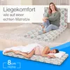 A split image showing a woman sitting on a folded mattress and another woman sleeping on a mattress. Produktbild-Vorschau