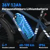 Close-up marketing image of an e-bike battery pack attached to a bicycle frame, with text overlays highlighting product features. Voir les images du produit
