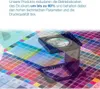 A color calibration chart with a magnifying loupe on top, overlaid with text. Produktbild-Vorschau