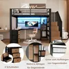 A loft bed with a desk and storage stairs, shown in a bedroom setting with close-up views of features. Voir les images du produit