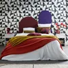 A bedroom scene with a bed, nightstands, and patterned wallpaper. Produktbild-Vorschau