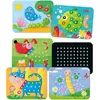 A collage of five different mosaic pegboard designs for children, featuring animals and insects, along with a black pegboard base. Podgląd zdjęcia produktu