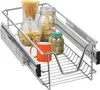 A stainless steel pull-out kitchen drawer organizer with various pasta jars, a mug, and a container of capers. Voir les images du produit