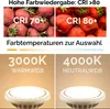 Collage showing strawberries with different CRI ratings and two LED light bulbs with different color temperatures. Produktbild-Vorschau
