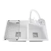 A white double kitchen sink with a faucet and a dish rack. Podgląd zdjęcia produktu