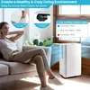 A woman relaxing on a couch next to a white dehumidifier in a well-lit room. Produktbild-Vorschau