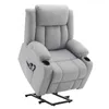 A gray electric lift recliner chair with cup holders and a side pocket containing a remote control. Podgląd zdjęcia produktu