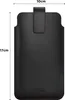 A black smartphone pouch with red stitching and a closure strap, with dimensions indicated. Produktbild-Vorschau