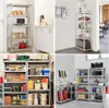 A collage of four images showing different storage shelf units in various settings, including a kitchen, a hallway, and a garage. Produktbild-Vorschau
