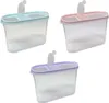 Three transparent storage containers with colored lids and flip-top openings, arranged in a diagonal layout against a white background. Produktbild-Vorschau
