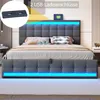 A modern upholstered bed frame with integrated LED lighting and USB charging ports. Náhľad obrázku produktu