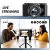 A product image showcasing a camera with text overlays and social media icons, alongside a lifestyle shot of people using a camera for live streaming. Podgląd zdjęcia produktu
