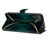 A flip-style phone case with a green and gold abstract design, shown from a side angle with the flap open. Produktbild-Vorschau