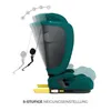 A teal Kinderkraft car seat is shown with numbered indicators demonstrating its 5-stage recline adjustment. Produktbild-Vorschau