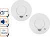Two white smoke detectors are shown on a white background, with informational icons on the left. Produktbild-Vorschau