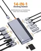 A docking station with various cables and ports displayed, along with text highlighting its features. Produktbild-Vorschau