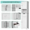 A collage of close-up details of a white bathroom cabinet, along with a full view of the cabinet. Produktbild-Vorschau