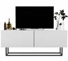 A white media console with a black metal frame, featuring a large black TV screen on top and decorative items on the surface. Produktbild-Vorschau