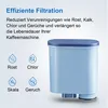 A light blue water filter cartridge with a dark blue lid, shown next to descriptive icons and text. Produktbild-Vorschau