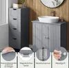 A bathroom vanity with a sink and a tall cabinet, featuring close-up insets of product features. Produktbild-Vorschau