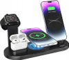 A black charging stand with an Apple Watch, AirPods, and two iPhones on it, all in various stages of charging. Podgląd zdjęcia produktu