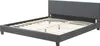 A dark gray upholstered bed frame with a slatted mattress base, shown from a three-quarter angle on a white background. Produktbild-Vorschau