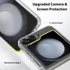 Close-up view of a clear phone case with yellow accents, highlighting camera and screen protection features. Anteprima dell’immagine prodotto