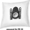 A white vacuum cleaner bag with a black plastic fitting. Produktbild-Vorschau