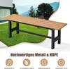 A garden bench is shown outdoors on a lawn, with a house and mountains in the background. Text and icons describing the product's features are displayed below the bench. Produktbild-Vorschau