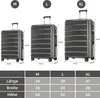A size chart for a set of three suitcases, labeled M, L, and XL, with dimensions listed for length, width, and height. Náhľad obrázku produktu