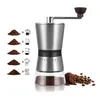A manual coffee grinder with a demonstration of different grind sizes and their corresponding brewing methods. Produktbild-Vorschau
