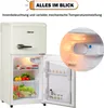 A vintage-style refrigerator with its doors open, showcasing its interior and a close-up of the temperature control dial. Produktbild-Vorschau